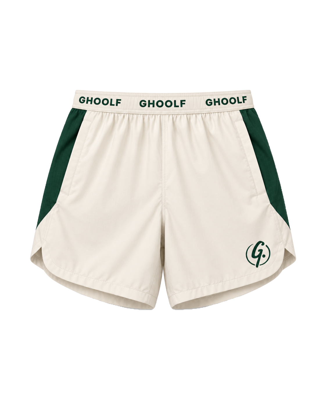 Ivory Ghoolf sport shorts with forest green side panels, front, with wordmark waistband and signet at the hem