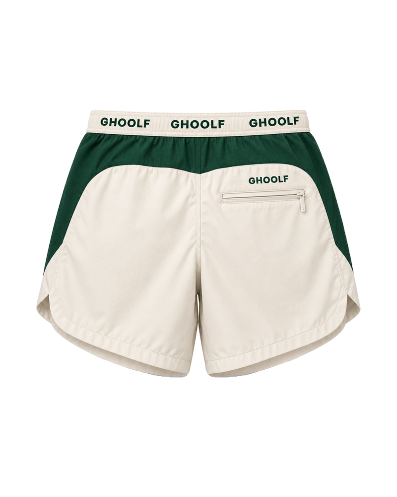 Ivory Ghoolf sport shorts with forest green side panels, back, with zip pocket and wordmark waistband