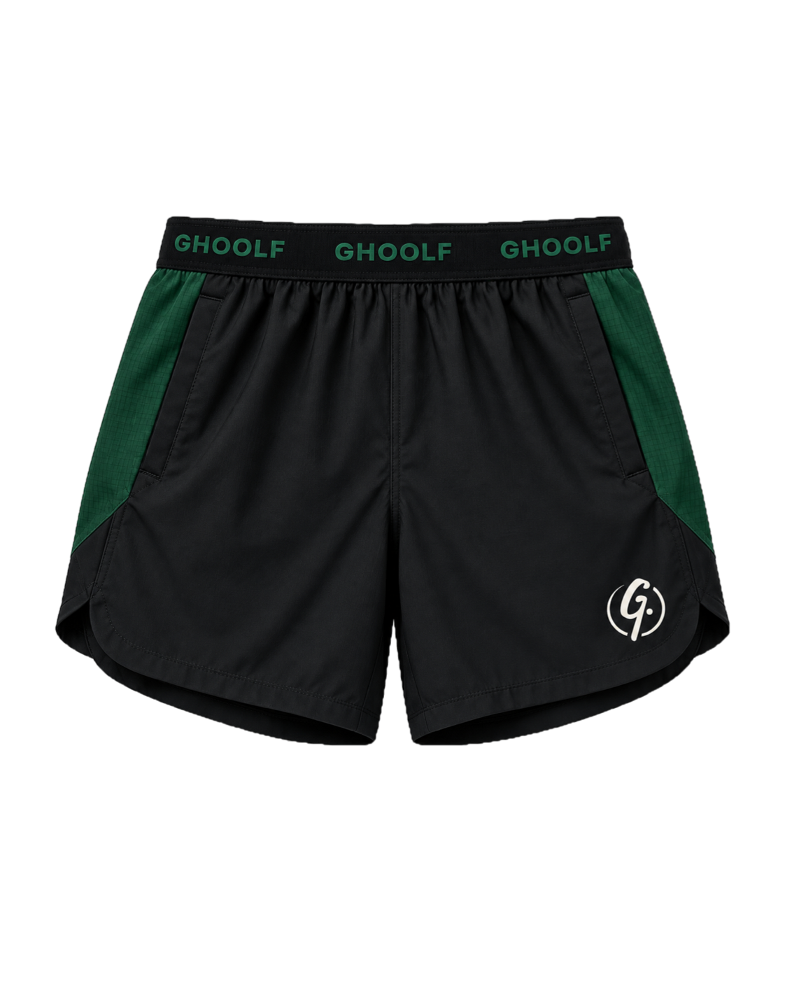 Black Ghoolf sport shorts with forest green side panels, front, with wordmark waistband and signet at the hem