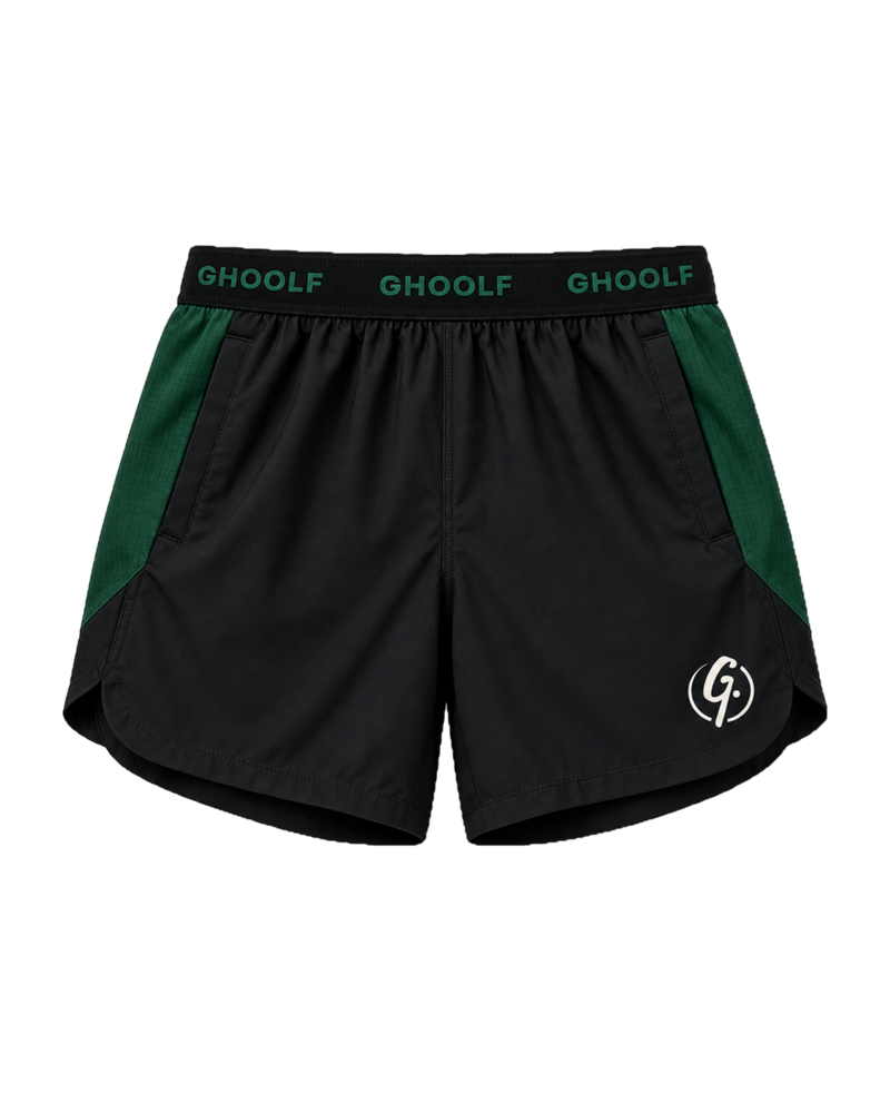Black Ghoolf sport shorts with forest green side panels, front, with wordmark waistband and signet at the hem
