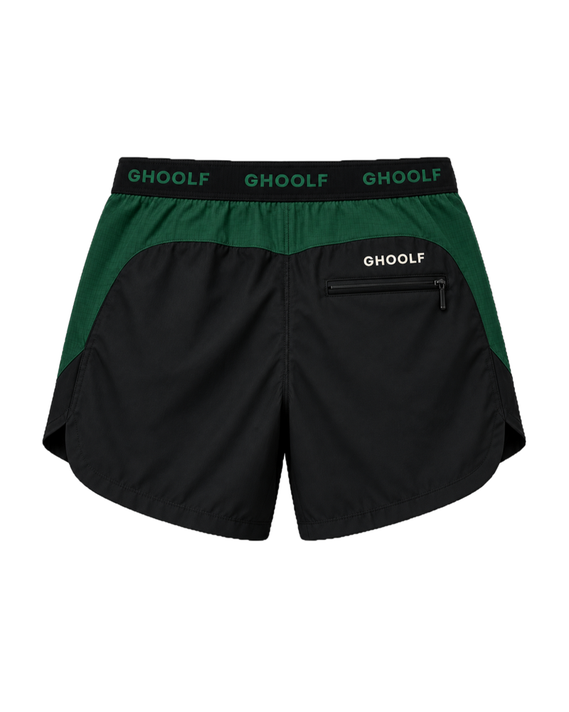 Black Ghoolf sport shorts with forest green side panels, back, with zip pocket and wordmark waistband