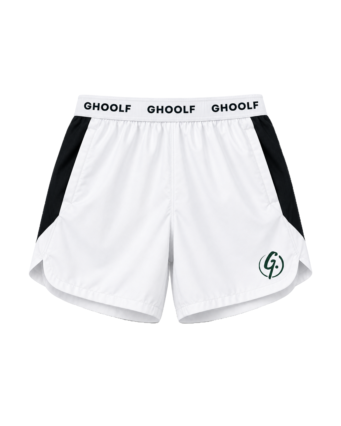 White Ghoolf sport shorts with black side panels, front, with wordmark waistband and signet at the hem