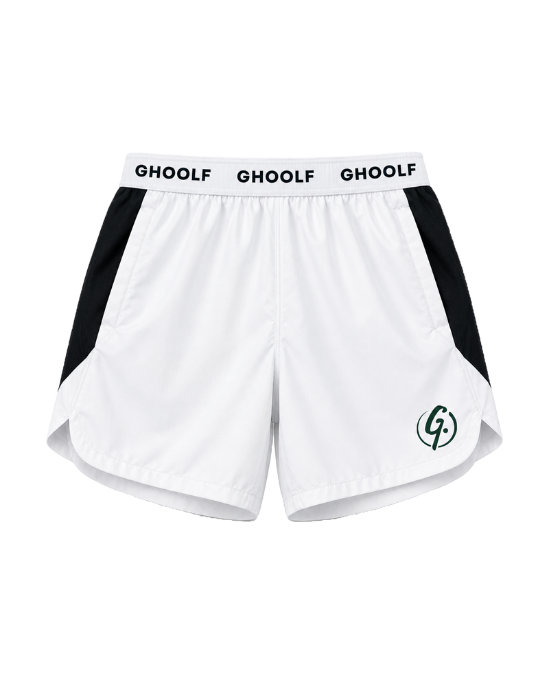 White Ghoolf sport shorts with black side panels, front, with wordmark waistband and signet at the hem