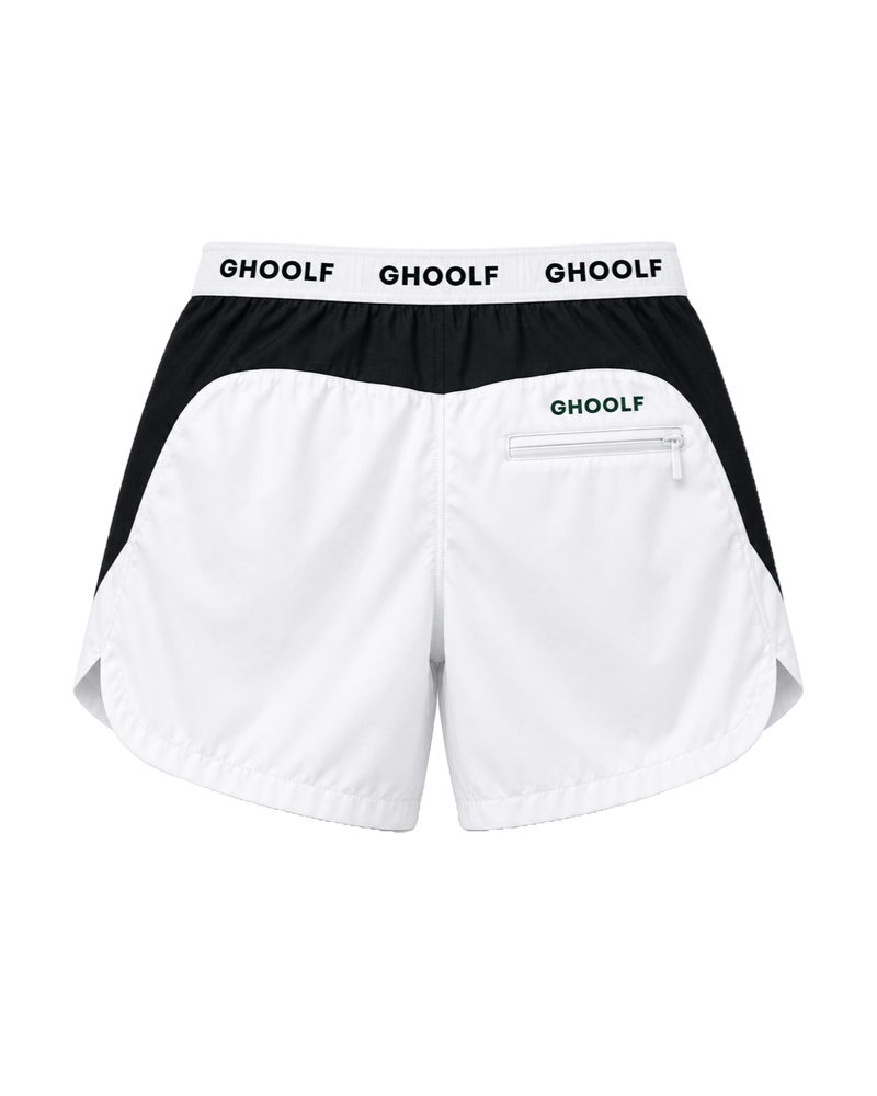 White Ghoolf sport shorts with black side panels, back, with zip pocket and wordmark waistband