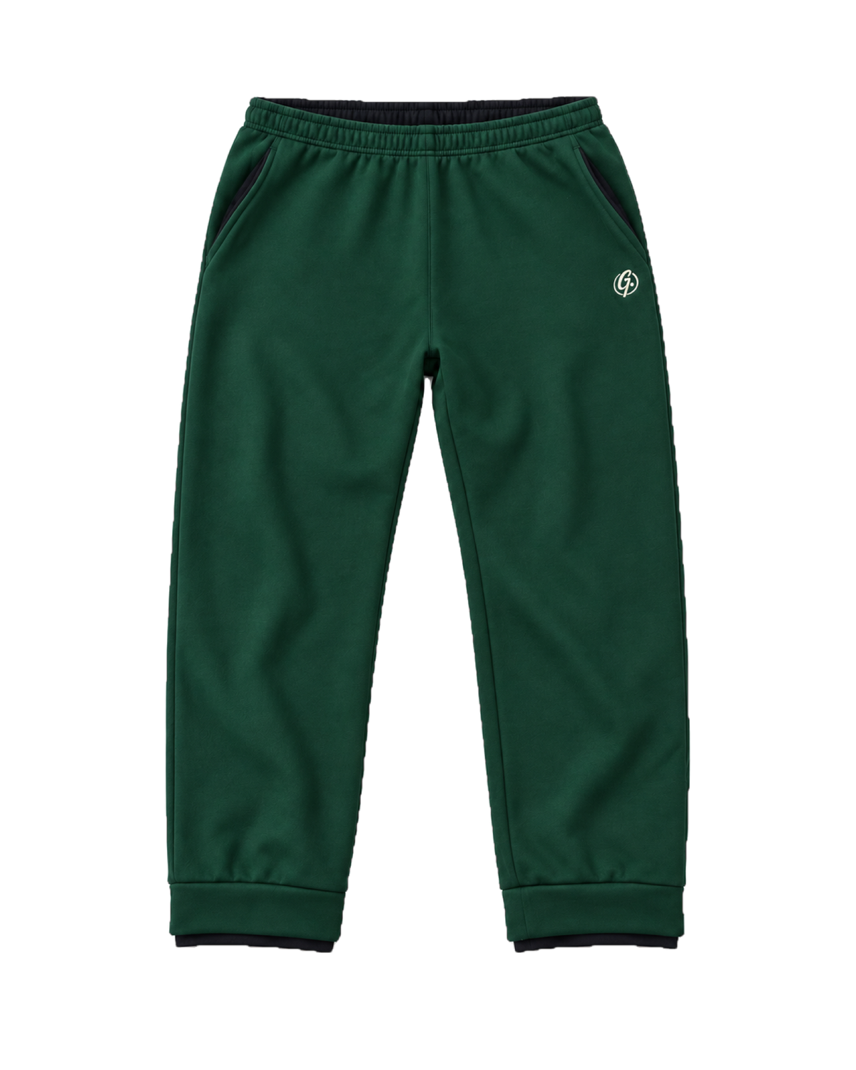 Forest green Ghoolf sweatpants, front, with ivory signet at the hip and black waistband lining
