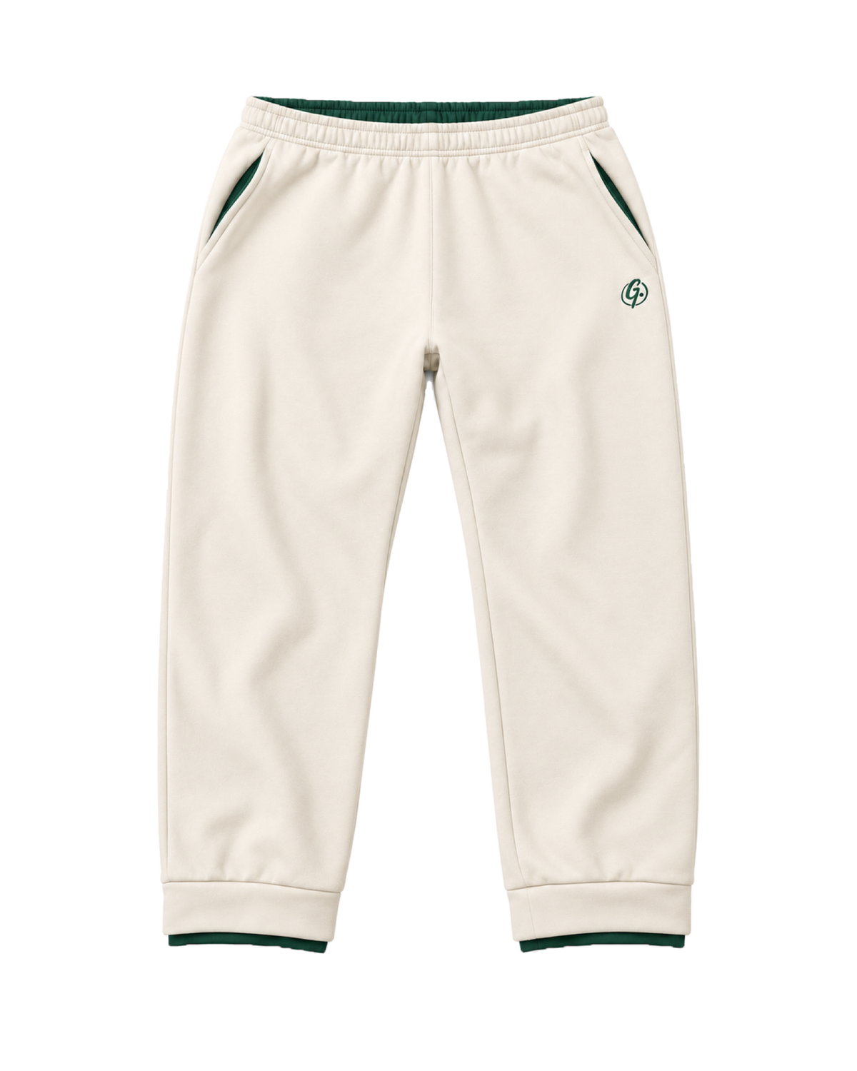 Ivory Ghoolf sweatpants, front, with forest green signet at the hip and forest green waistband lining