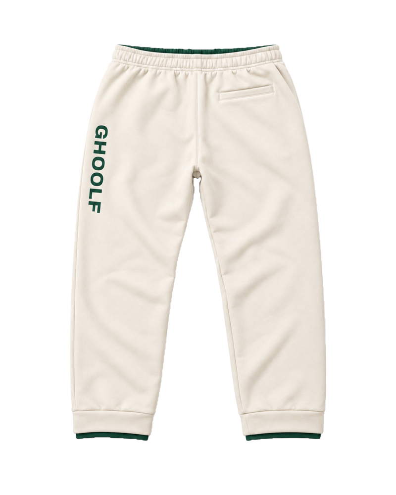 Ivory Ghoolf sweatpants, back, with back pocket and forest green Ghoolf wordmark down the leg