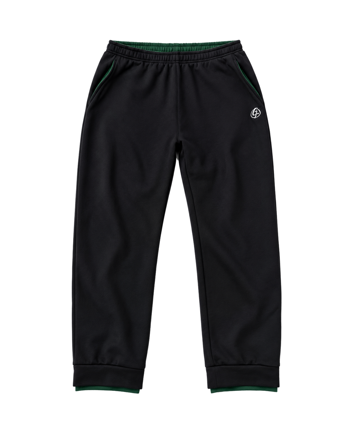 Black Ghoolf sweatpants, front, with white signet at the hip and forest green waistband lining