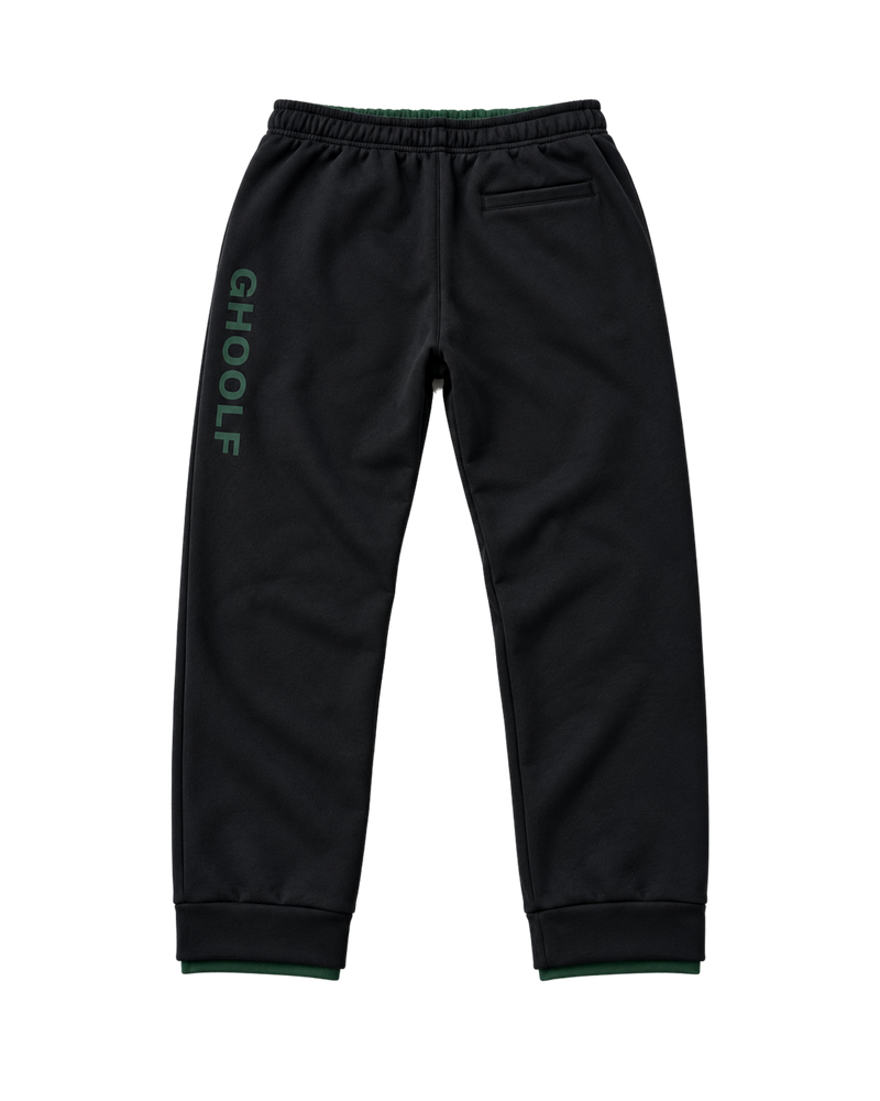 Black Ghoolf sweatpants, back, with back pocket and forest green Ghoolf wordmark down the leg