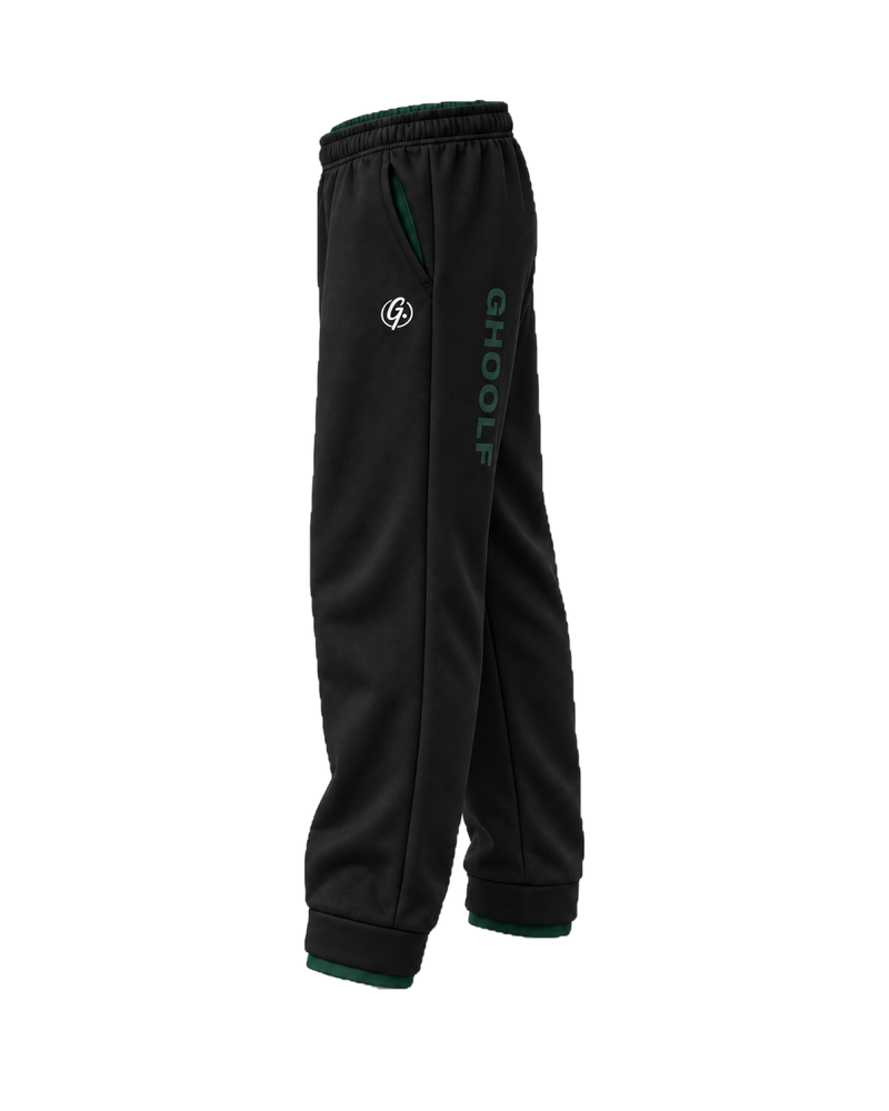 Black Ghoolf sweatpants, side view, with forest green Ghoolf wordmark down the leg
