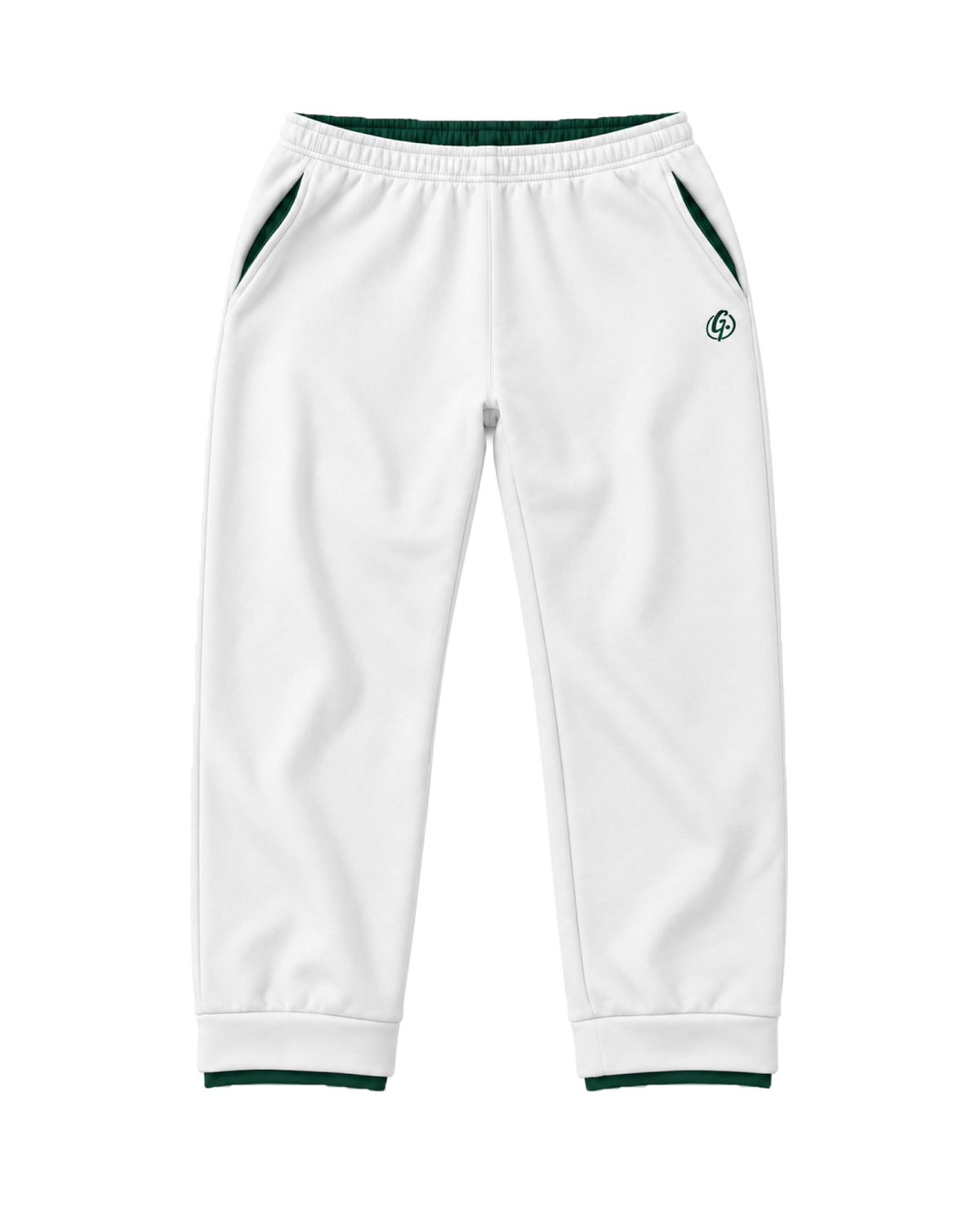 White Ghoolf sweatpants, front, with forest green signet at the hip and forest green waistband lining