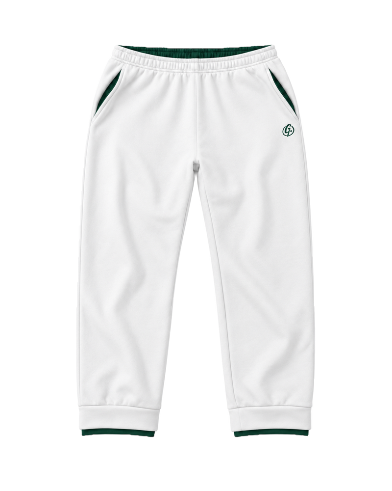 White Ghoolf sweatpants, front, with forest green signet at the hip and forest green waistband lining