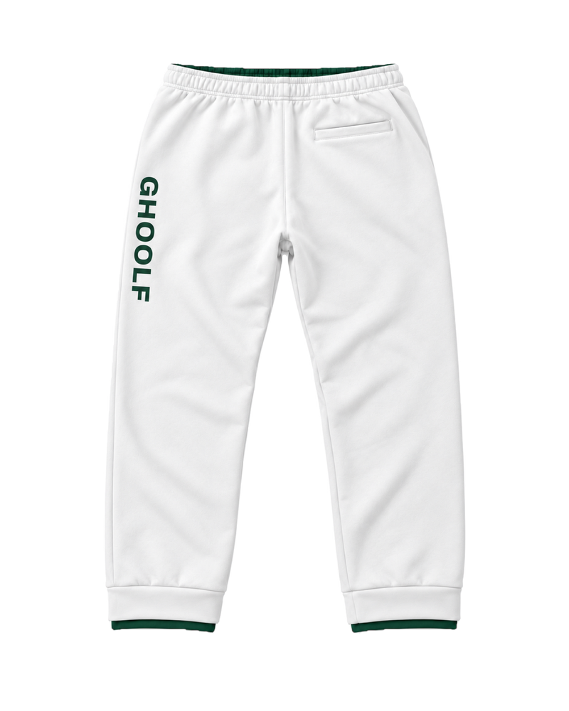 White Ghoolf sweatpants, back, with back pocket and forest green Ghoolf wordmark down the leg