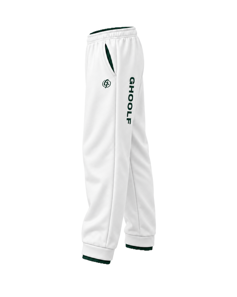 White Ghoolf sweatpants, side view, with forest green Ghoolf wordmark down the leg