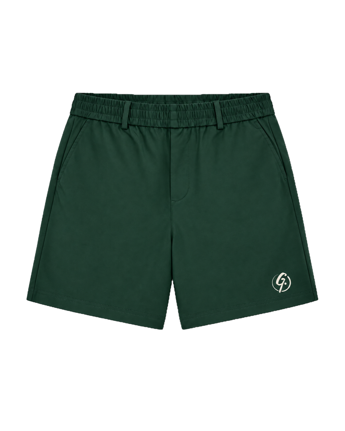Forest green Ghoolf tailored shorts, front, with belt loops and ivory signet at the hem