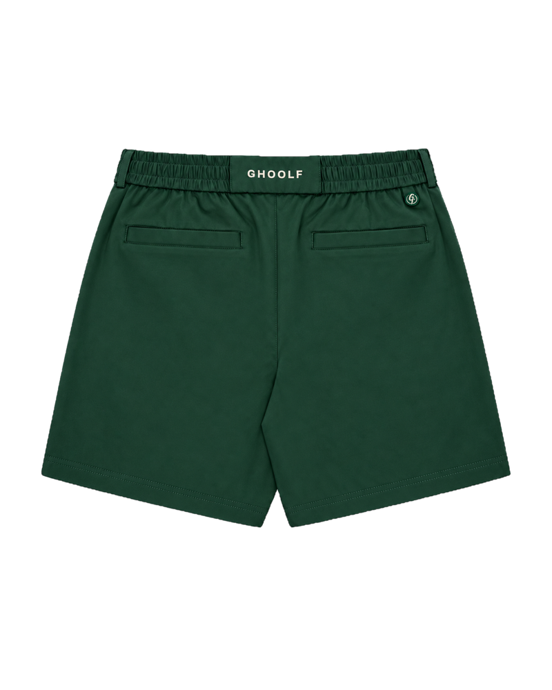Forest green Ghoolf tailored shorts, back, with two welt pockets and Ghoolf tab on the waistband