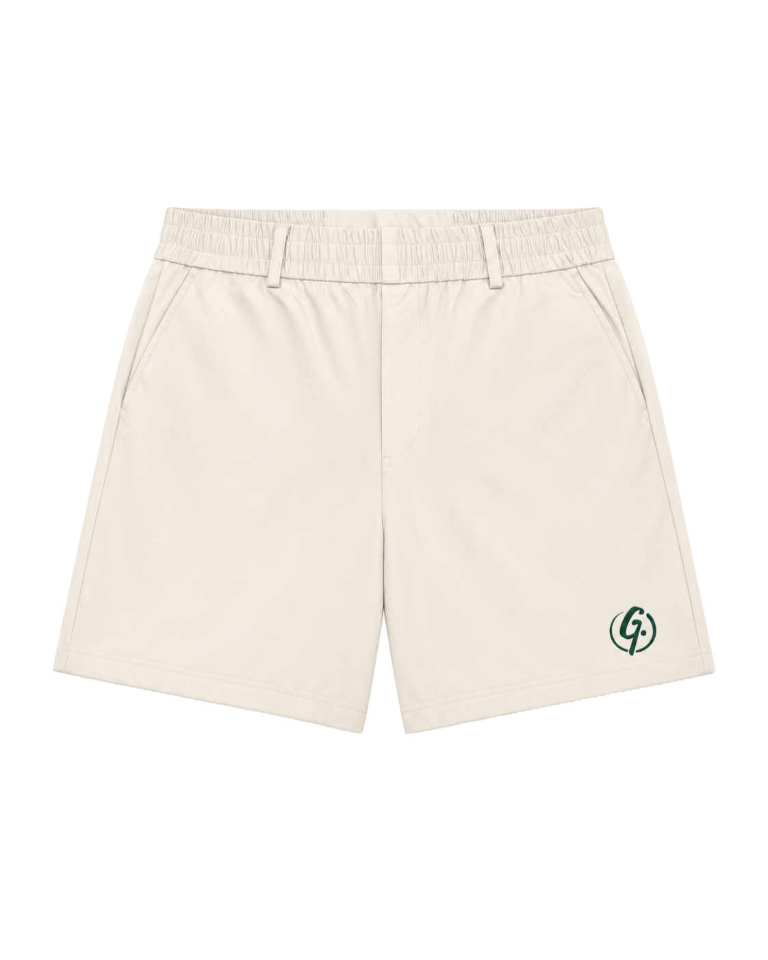 Ivory Ghoolf tailored shorts, front, with belt loops and forest green signet at the hem