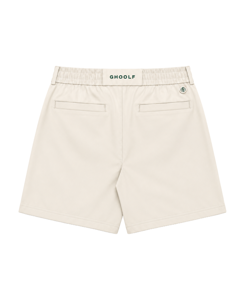 Ivory Ghoolf tailored shorts, back, with two welt pockets and Ghoolf tab on the waistband