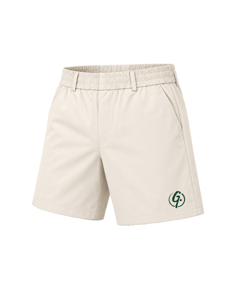 Ivory Ghoolf tailored shorts, three-quarter view, with slanted front pocket and signet at the hem
