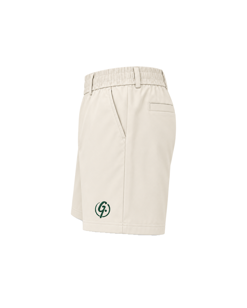 Ivory Ghoolf tailored shorts, side view, with slanted pocket and elastic waistband
