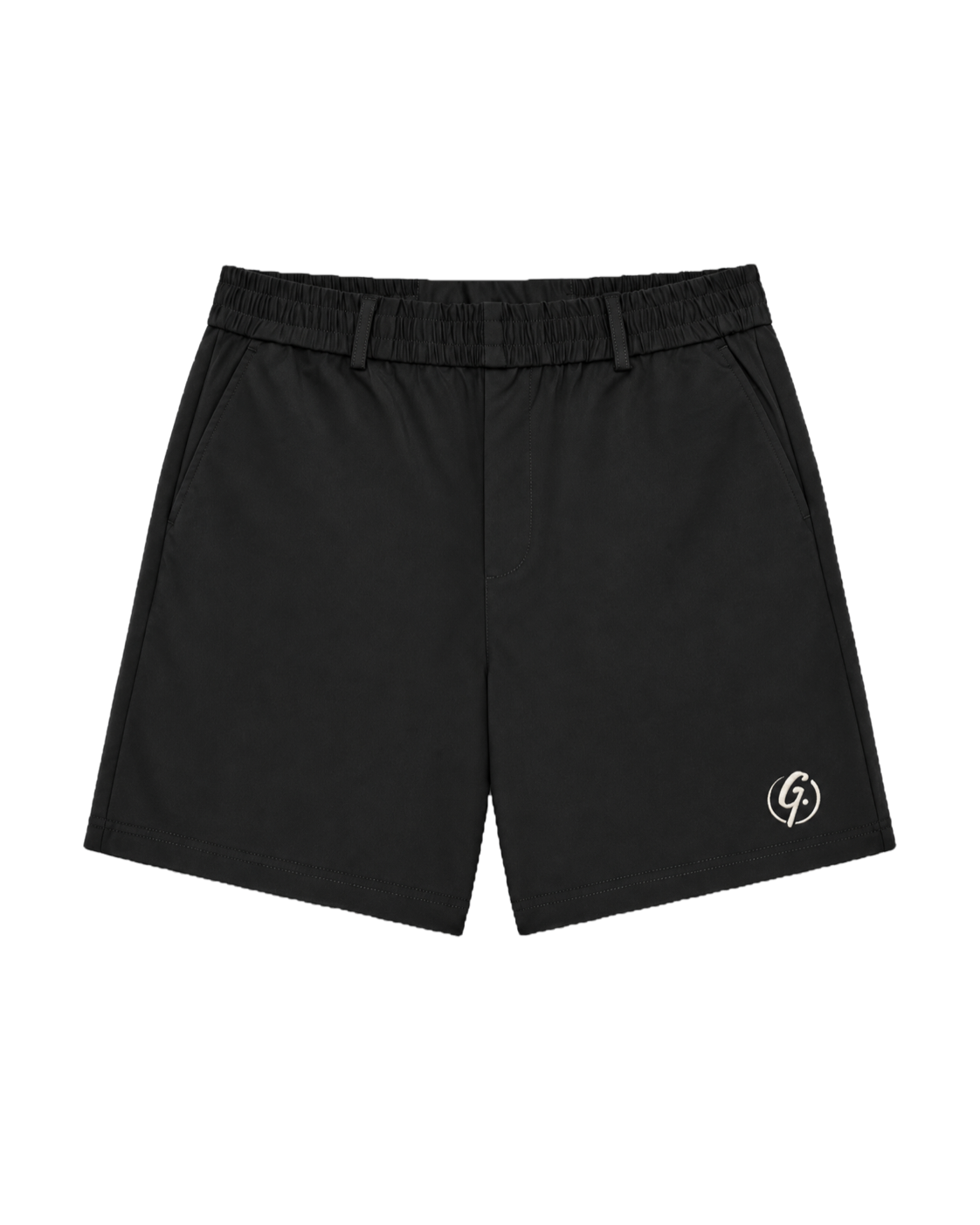 Black Ghoolf tailored shorts, front, with belt loops and ivory signet at the hem