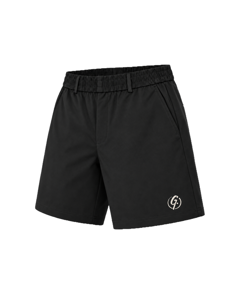 Black Ghoolf tailored shorts, three-quarter view, with slanted front pocket and signet at the hem