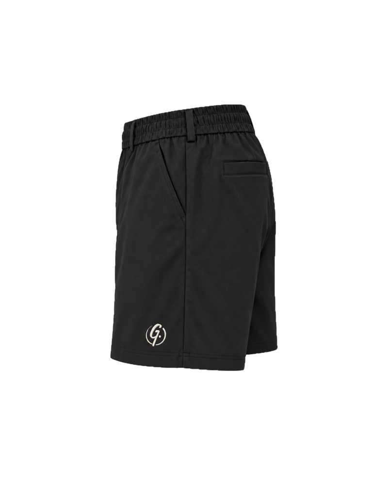 Black Ghoolf tailored shorts, side view, with slanted pocket and elastic waistband
