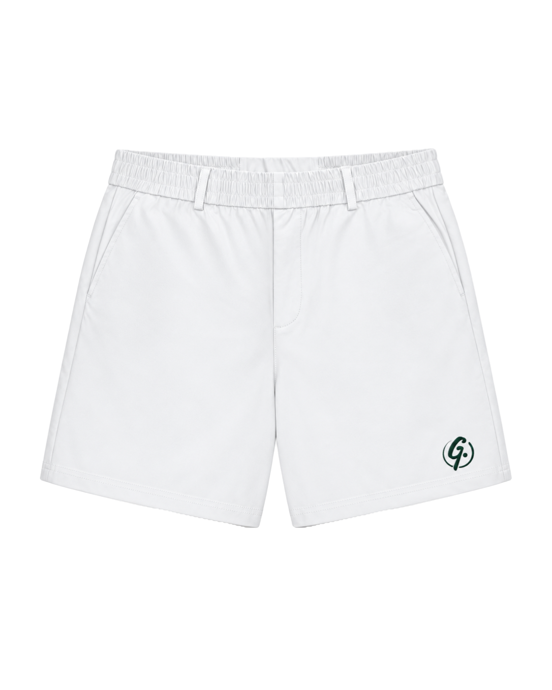 White Ghoolf tailored shorts, front, with belt loops and forest green signet at the hem