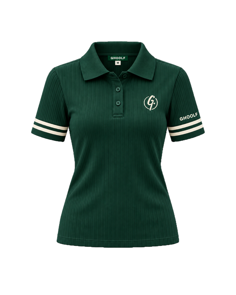 Forest green Ghoolf women's ribbed polo with ivory cuff stripes, front, with signet on the chest