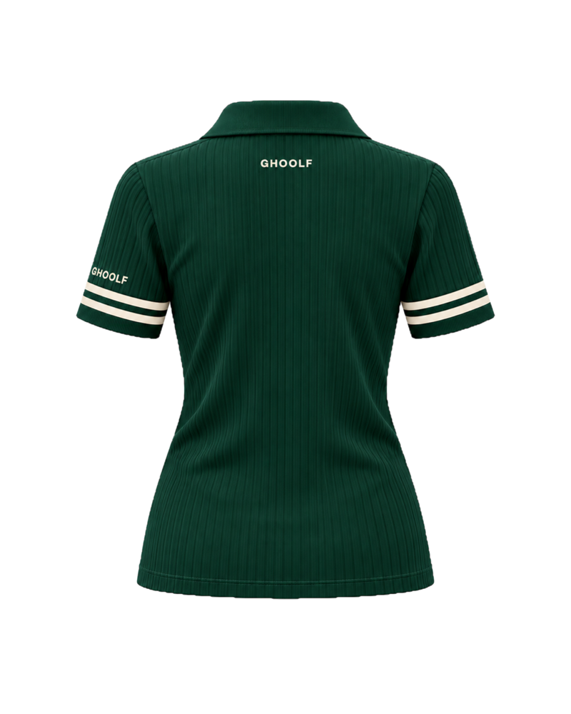 Forest green Ghoolf women's ribbed polo with ivory cuff stripes, back, with small Ghoolf wordmark below the collar