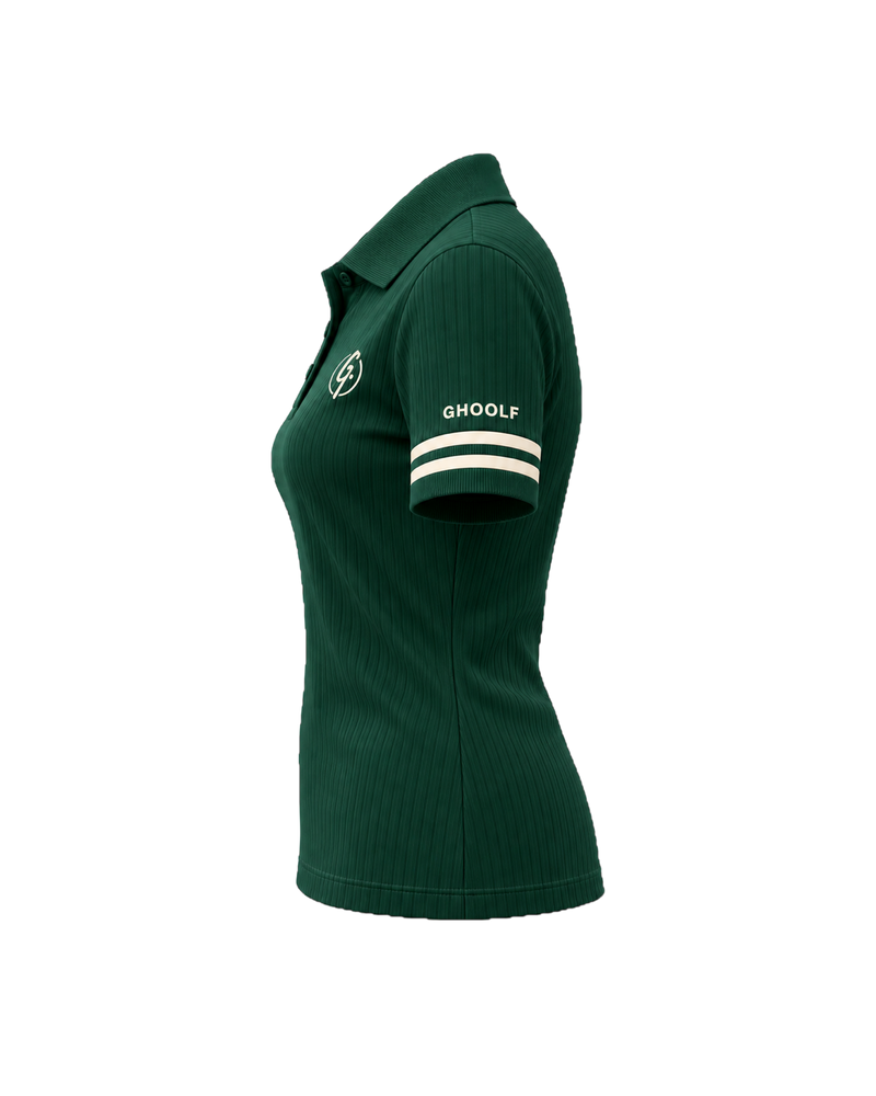 Forest green Ghoolf women's ribbed polo with ivory cuff stripes, side view, with Ghoolf wordmark on the sleeve