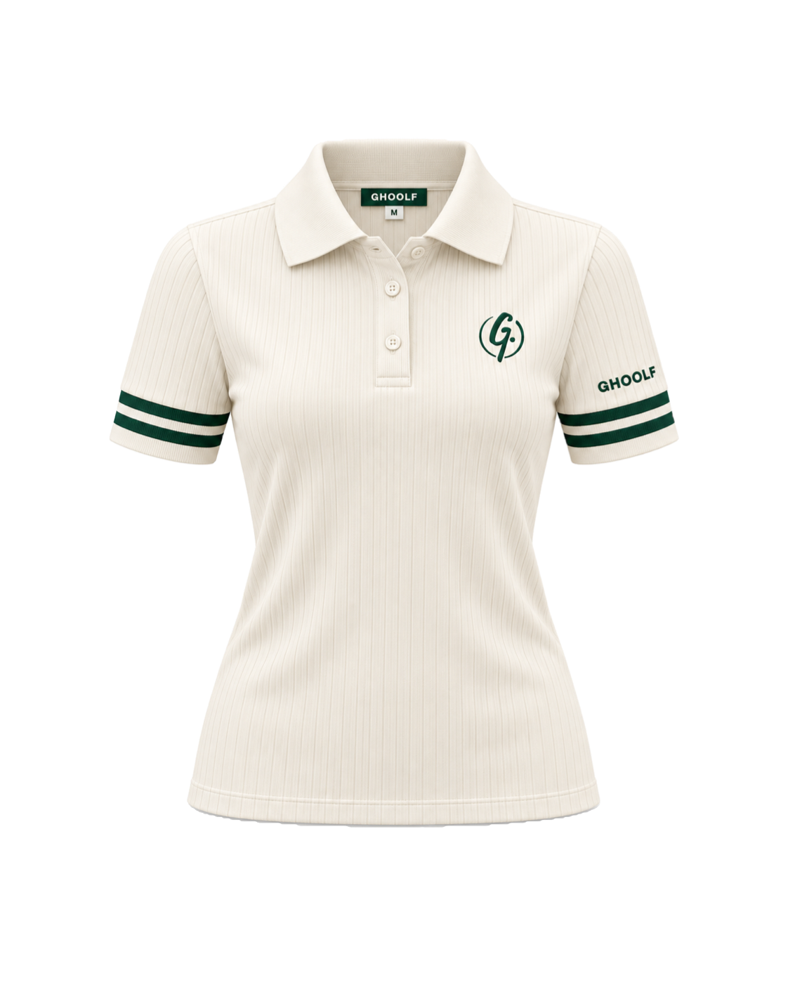 Ivory Ghoolf women's ribbed polo with forest green cuff stripes, front, with signet on the chest