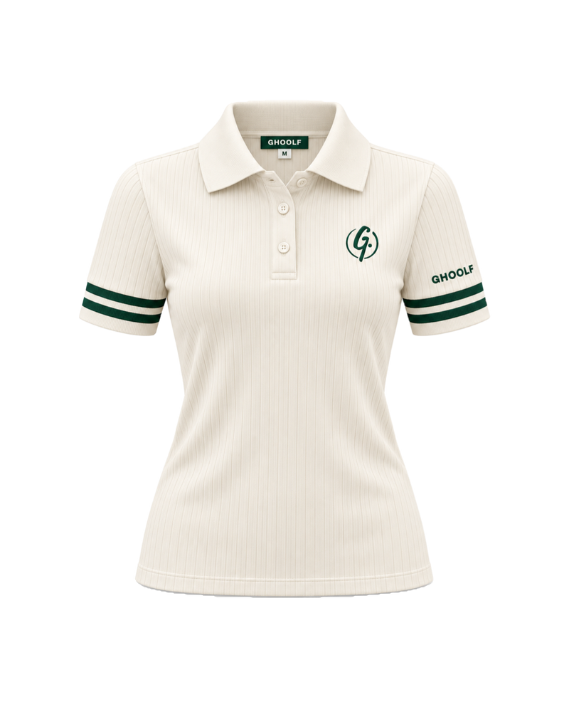 Ivory Ghoolf women's ribbed polo with forest green cuff stripes, front, with signet on the chest