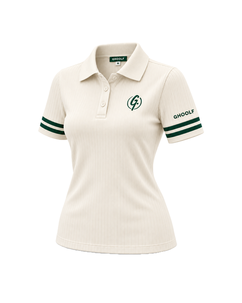Ivory Ghoolf women's ribbed polo with forest green cuff stripes, three-quarter view, with signet and sleeve wordmark