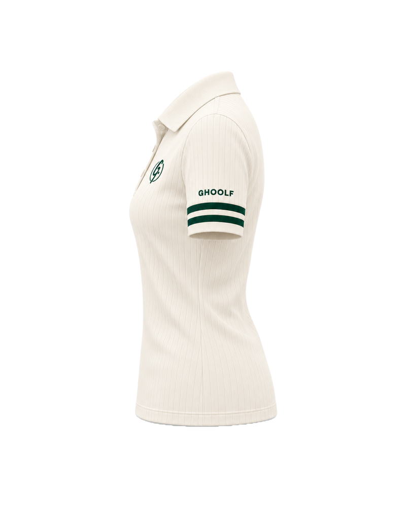 Ivory Ghoolf women's ribbed polo with forest green cuff stripes, side view, with Ghoolf wordmark on the sleeve