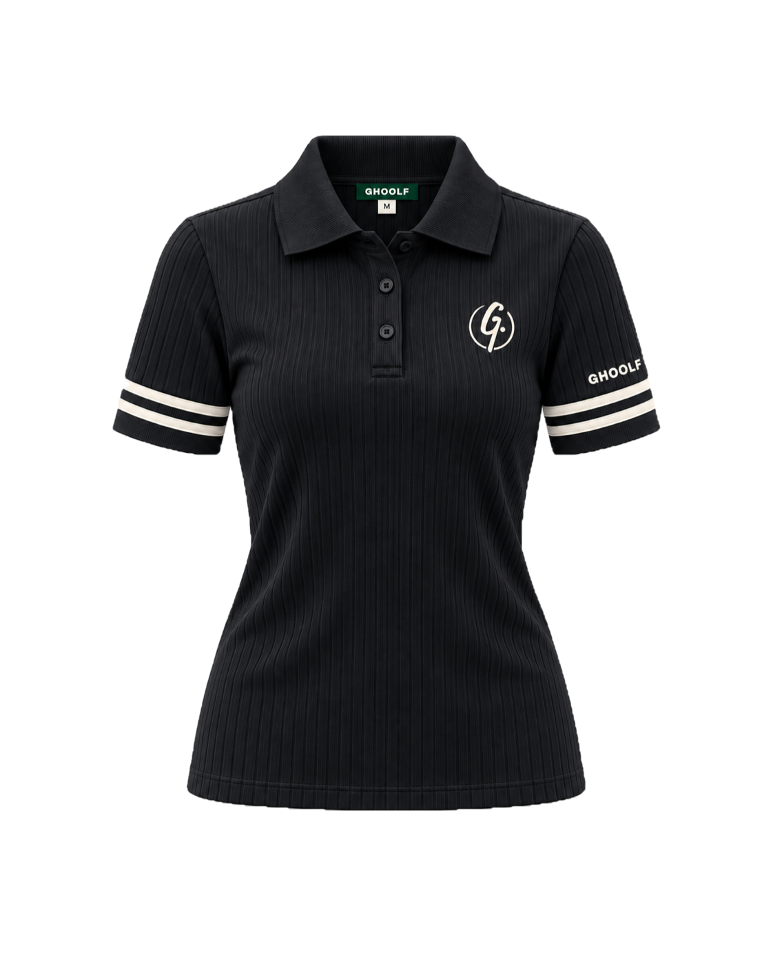 Black Ghoolf women's ribbed polo with ivory cuff stripes, front, with signet on the chest