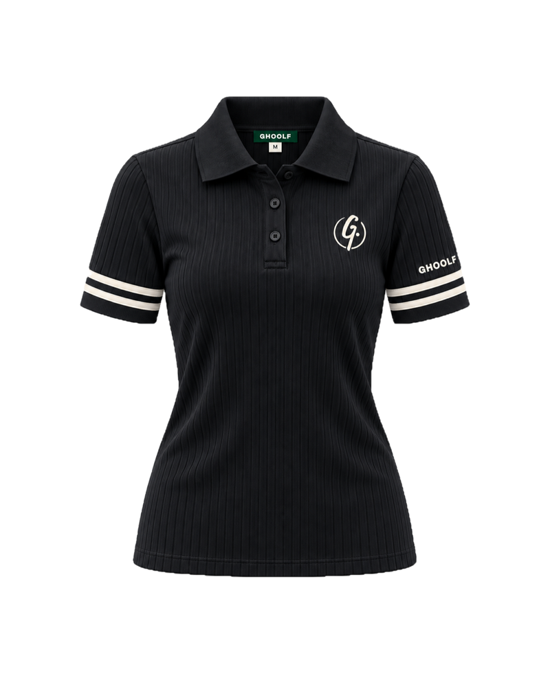 Black Ghoolf women's ribbed polo with ivory cuff stripes, front, with signet on the chest