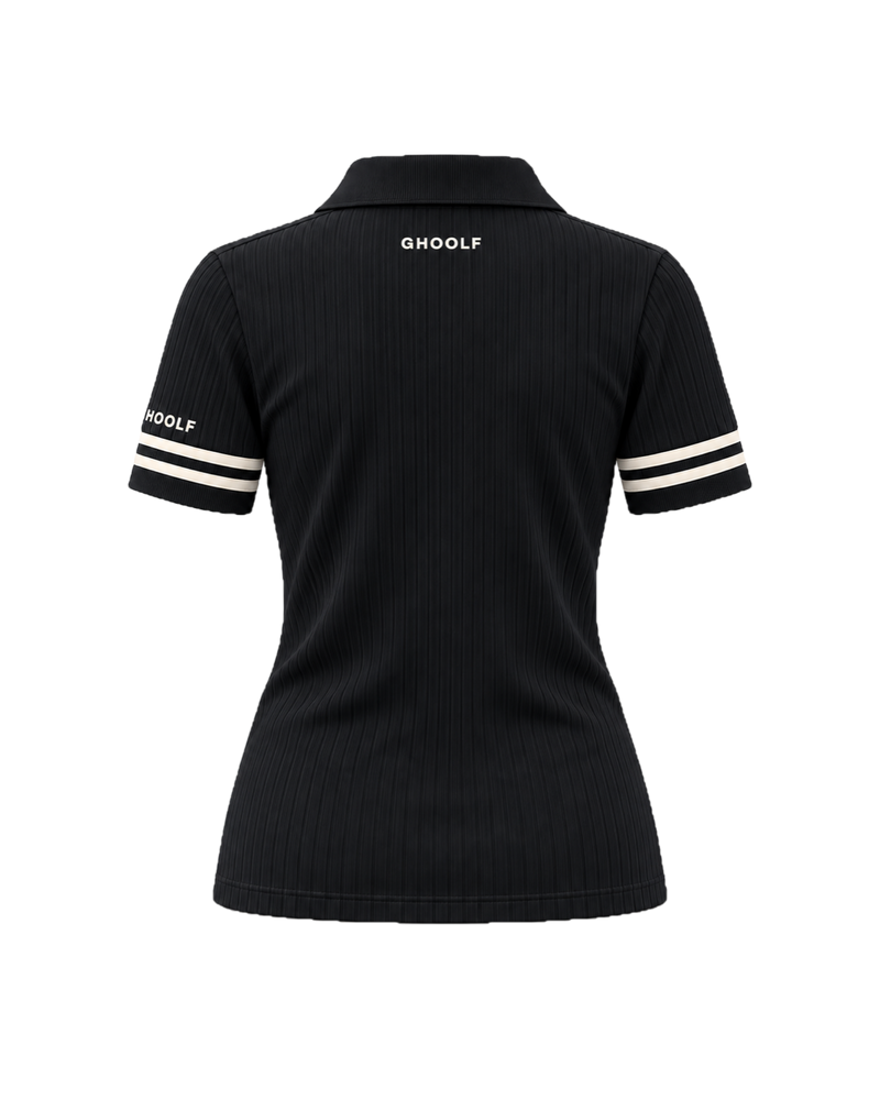 Black Ghoolf women's ribbed polo with ivory cuff stripes, back, with small Ghoolf wordmark below the collar
