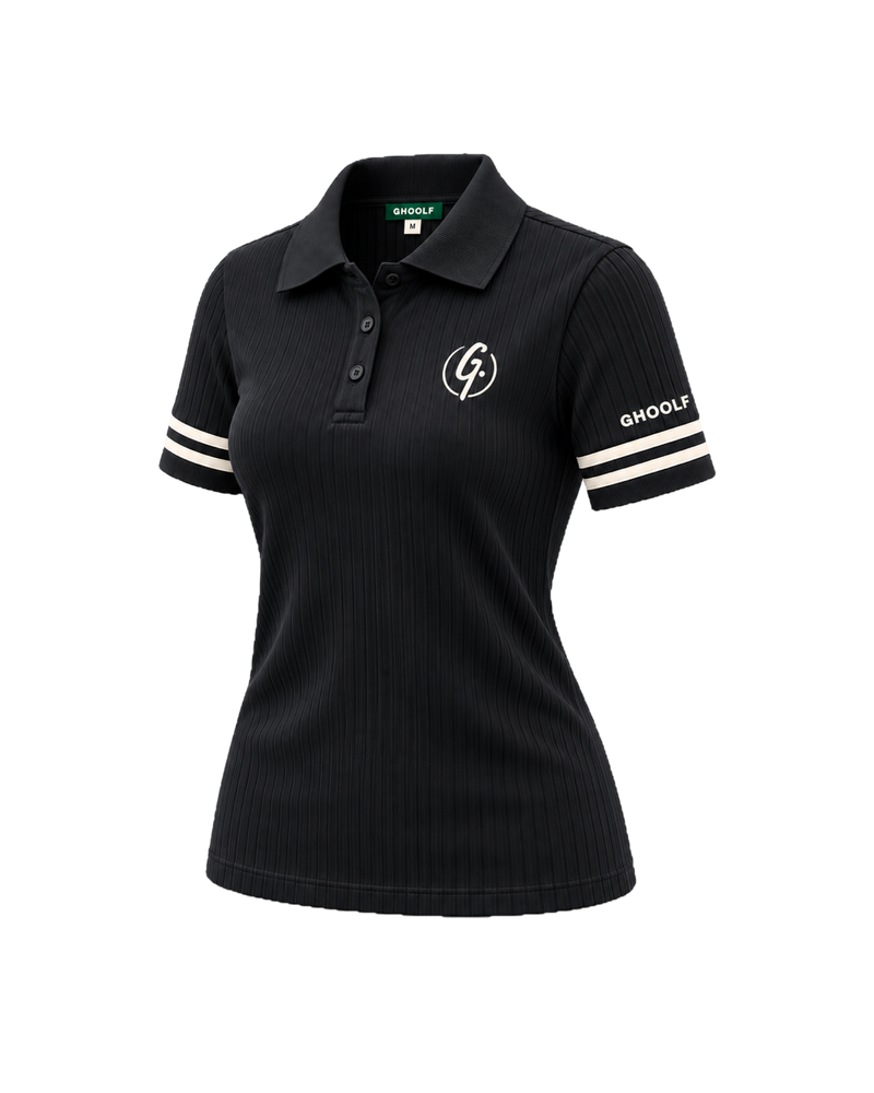 Black Ghoolf women's ribbed polo with ivory cuff stripes, three-quarter view, with signet and sleeve wordmark