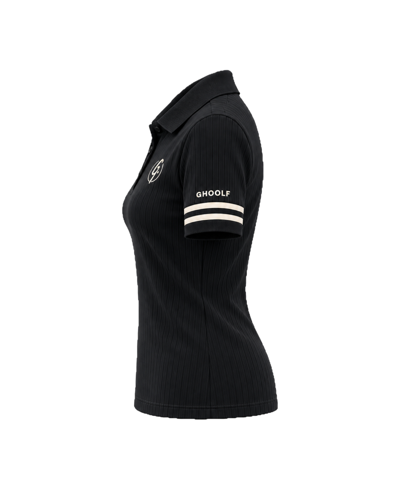 Black Ghoolf women's ribbed polo with ivory cuff stripes, side view, with Ghoolf wordmark on the sleeve