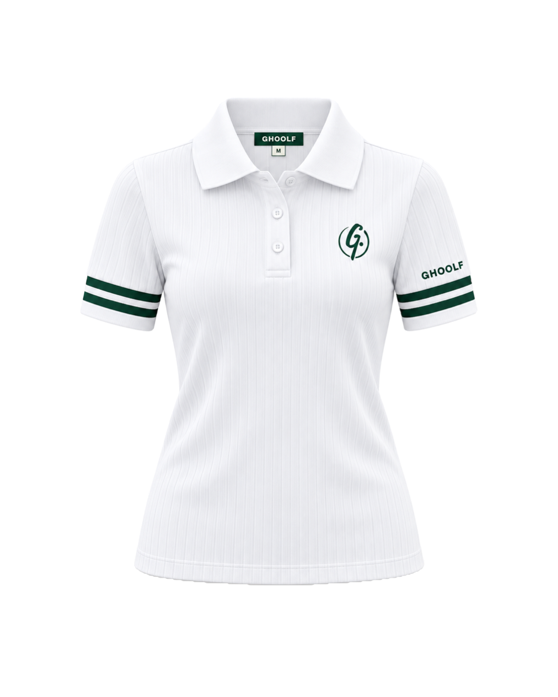White Ghoolf women's ribbed polo with forest green cuff stripes, front, with signet on the chest