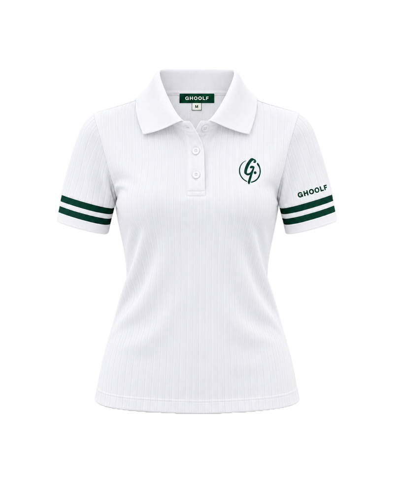 White Ghoolf women's ribbed polo with forest green cuff stripes, front, with signet on the chest