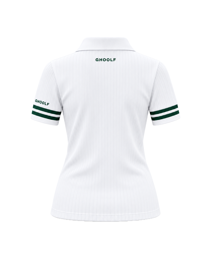 White Ghoolf women's ribbed polo with forest green cuff stripes, back, with small Ghoolf wordmark below the collar