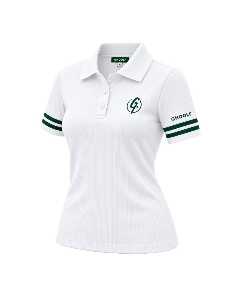 White Ghoolf women's ribbed polo with forest green cuff stripes, three-quarter view, with signet and sleeve wordmark