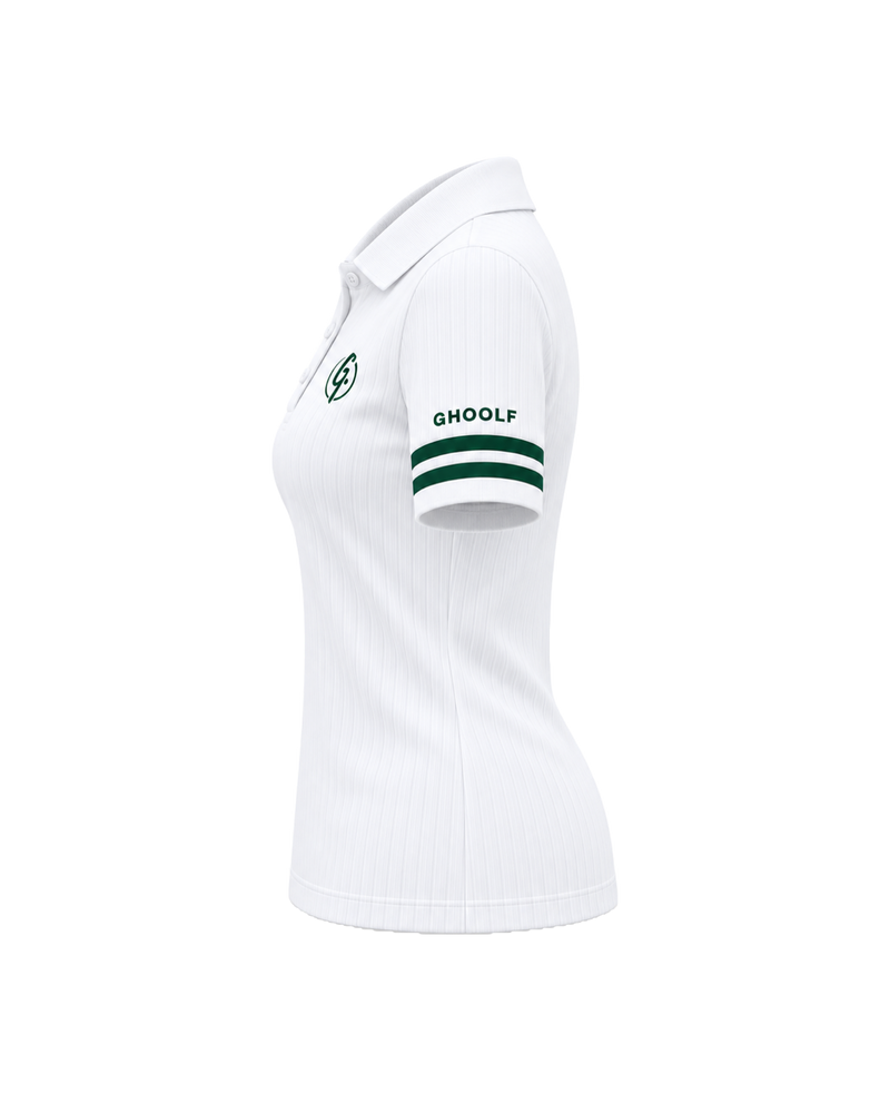 White Ghoolf women's ribbed polo with forest green cuff stripes, side view, with Ghoolf wordmark on the sleeve
