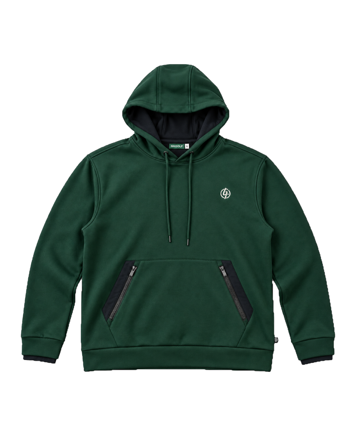 Forest green Ghoolf zip pocket hoodie, front, with black pocket panels and hood lining