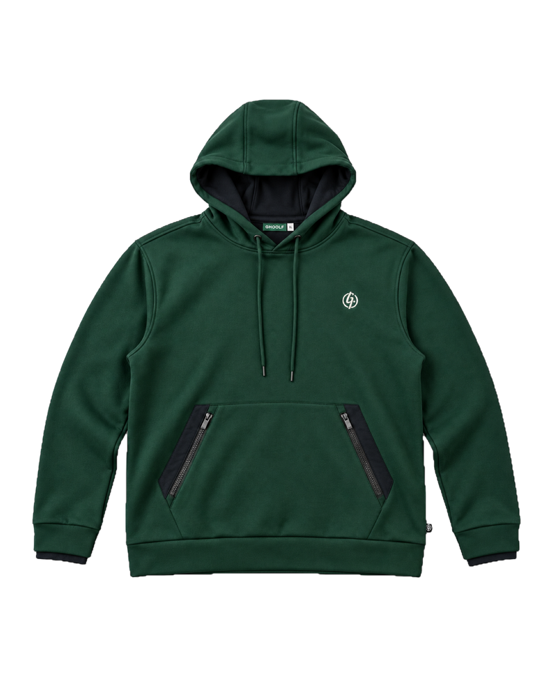Forest green Ghoolf zip pocket hoodie, front, with black pocket panels and hood lining