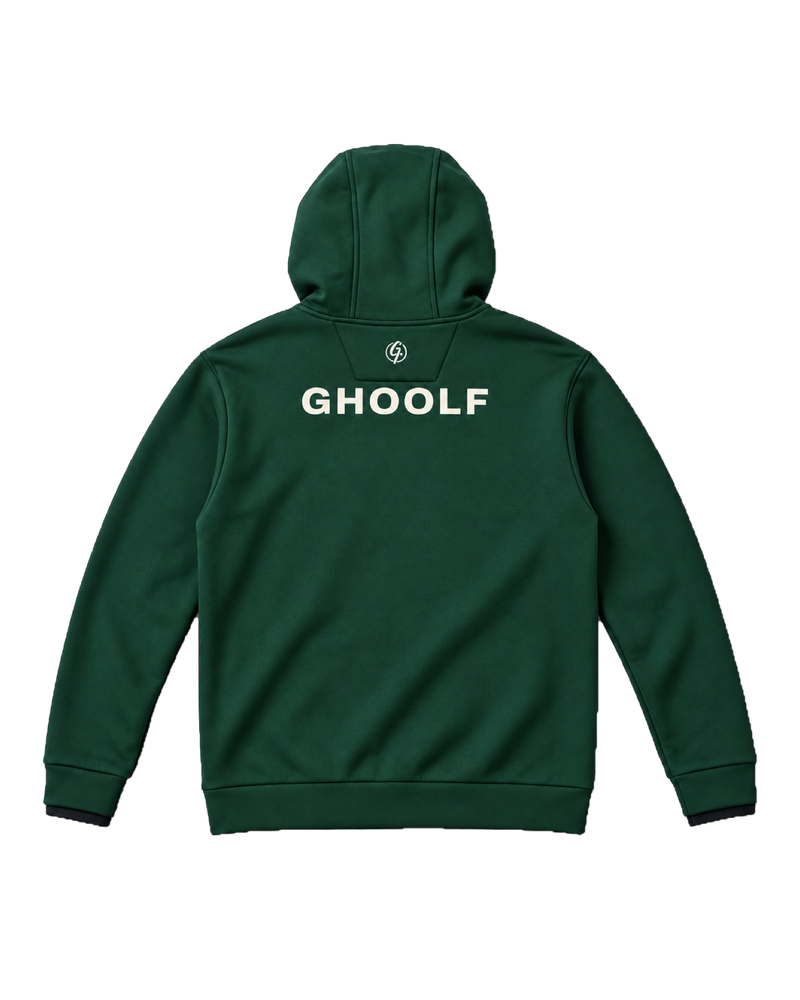 Forest green Ghoolf zip pocket hoodie, back, with ivory Ghoolf wordmark below the hood