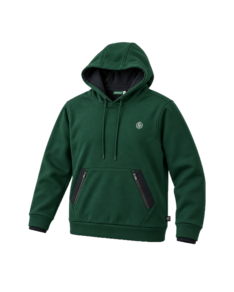 Forest green Ghoolf zip pocket hoodie, three-quarter view, with black zip pocket panels