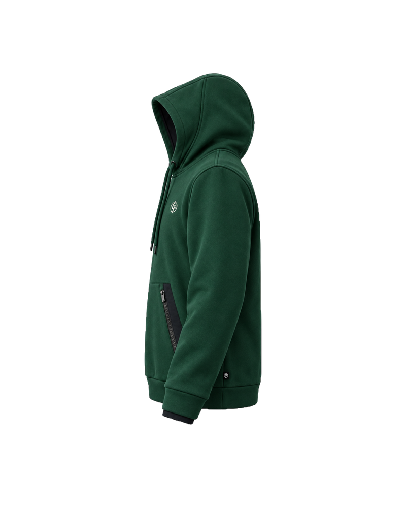Forest green Ghoolf zip pocket hoodie, side view, with the hood up and a black pocket panel